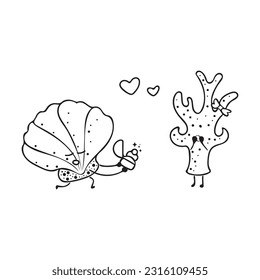 Hand drawn vector illustration cute shell and coral Cartoon Mascot Character Vector illustration color children cartoon clipart by wordspotrayal