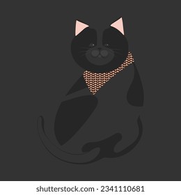 Hand drawn vector illustration of the cute colored black cat sitting back pop style design.