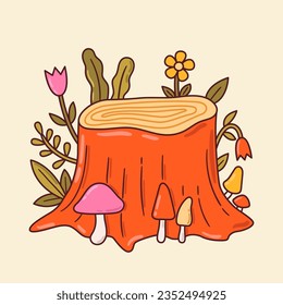 Hand drawn vector illustration of cute stump with flowers, branches and mushrooms. Cottagecore and goblincore cartoon design. Magic wood, green witch style. Fairy forest clipart, sticker, print