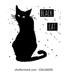 Hand drawn vector illustration of cute black cat 