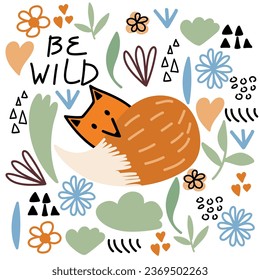 Hand drawn vector illustration of a cute fox on white background. Be wild.