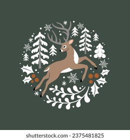 Hand drawn vector illustration with cute Christmas deer in pine and holly wreath. Perfect for tee shirt logo, greeting card, poster, invitation or print nursery design.