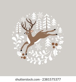 Hand drawn vector illustration with cute Christmas deer in pine and holly wreath. Perfect for tee shirt logo, greeting card, poster, invitation or print nursery design.