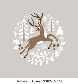 Hand drawn vector illustration with cute Christmas deer in pine and holly wreath. Perfect for tee shirt logo, greeting card, poster, invitation or print nursery design.