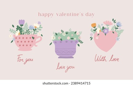 Hand drawn vector illustration of cute wild flowers with heart, in cup, vase. Valentine, birthday, present, mother's day theme. Spring blossom flowers. For card, sticker, invitation, social media