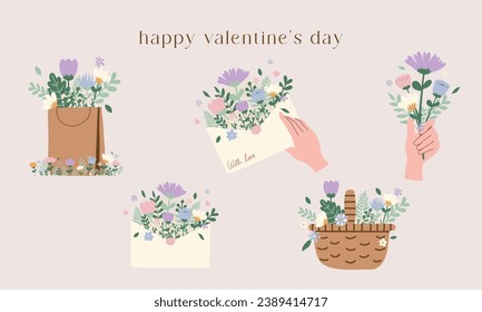 Ilustración vectorial dibujada a mano de flores lindas silvestres en canasta, bolsa, envolver, mano. San Valentín, cumpleaños, regalo, tema del día de la madre. Flores florecientes de primavera. Para tarjeta, sticker, invitación, medios sociales