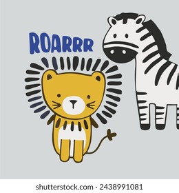 Hand drawn vector illustration of a cute funny lion and zebra. Isolated objects. Concept for children print.