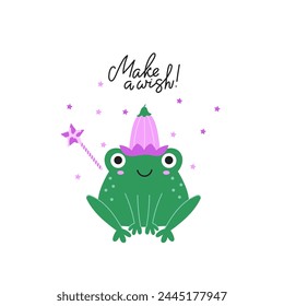 Hand drawn vector illustration of a cute magical frog bell flower, magic wand and text - make a wish. Isolated illustration for kids card, poster or other prints.