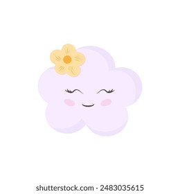 Ilustración vectorial dibujada a mano de una linda y divertida decoración de personajes de la nube con flores. Objetos aislados sobre fondo blanco. Diseño plano. Concepto para impresión infantil.