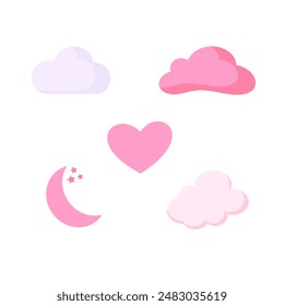 Hand drawn vector illustration of a cute funny cloud and moon decoration with stars. Isolated objects on white background. Flat style design. Concept for children print.