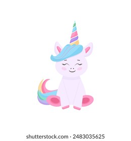 Hand drawn vector illustration of a cute funny unicorn, decoration with hearts, stars. Isolated objects on white background. Flat style design. Concept for children print.
