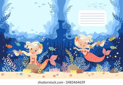 Hand drawn vector illustration of cute mermaid in the underwater world. Cartoon background for Children. Two-page cover template layout for notebooks, planners, brochures, books