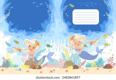 Hand drawn vector illustration of cute mermaid in the underwater world. Cartoon background for Children. Two-page cover template layout for notebooks, planners, brochures, books