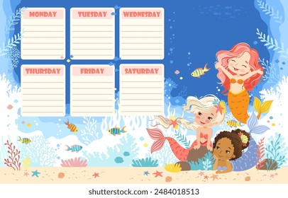 Hand drawn vector illustration of a cute mermaids in the underwater world. Cartoon background for children. Weekly planner and daily planner for children's schedule from Monday to Sunday