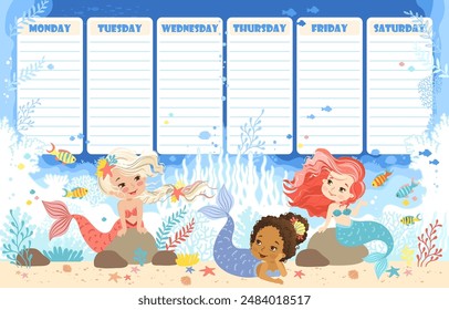 Hand drawn vector illustration of a cute mermaids in the underwater world. Cartoon background for children. Weekly planner and daily planner for children's schedule from Monday to Sunday