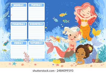 Hand drawn vector illustration of a cute mermaids in the underwater world. Cartoon background for children. Weekly planner and daily planner for children's schedule