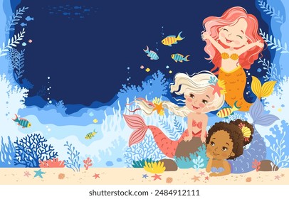 Hand drawn vector illustration of a cute mermaids in the underwater world. Cartoon background for children. Underwater sea life of coral reef