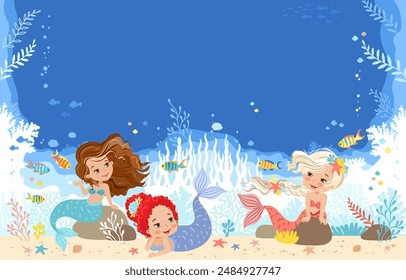 Hand drawn vector illustration of a cute mermaids in the underwater world. Cartoon background for children. Underwater sea life of coral reef