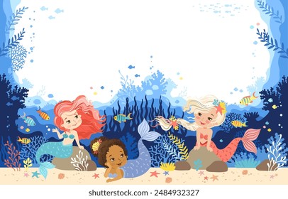 Hand drawn vector illustration of a cute mermaids in the underwater world. Background for children. Underwater sea life of coral reef