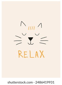 Hand drawn vector illustration of a cute funny sleeping cat curled up in a ball, with quote Relax. Doodle Isolated objects. Line drawing. Design concept for t-shirt prin