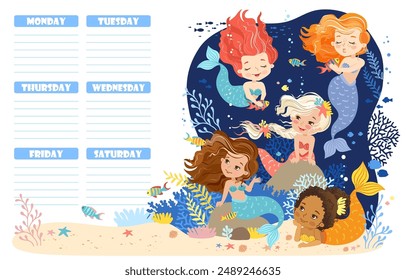 Hand drawn vector illustration of a cute mermaids in the underwater world. Cartoon background for children. Weekly planner and daily planner for children's schedule from Monday to Sunday