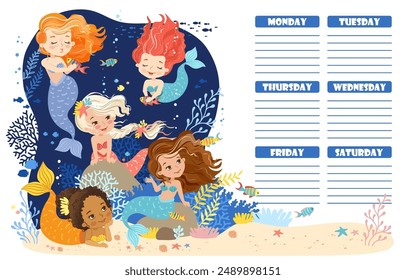 Hand drawn vector illustration of a cute mermaids in the underwater world. Cartoon background for children. Weekly planner and daily planner for children's schedule from Monday to Sunday