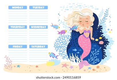 Hand drawn vector illustration of a cute mermaid in the underwater world. Weekly planner and daily planner for children's schedule from Monday to Sunday