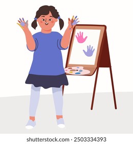 Hand drawn vector illustration of a cute little girl with drawn hands with malbert. With Down Syndrome Awareness.