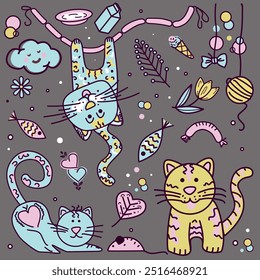 handgezeichnete Vektorgrafik. Nette lustige Katzen, Fisch, Milch und Blumen.