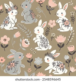 Hand drawn vector Illustration of Cute Bunny with seamless pattern. Can be used for baby t-shirt print, fashion print design, kids wear, baby shower celebration greeting and invitation card