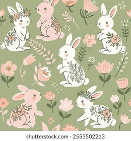 Hand drawn vector Illustration of Cute Bunny with seamless pattern. Can be used for baby t-shirt print, fashion print design, kids wear, baby shower celebration greeting and invitation card