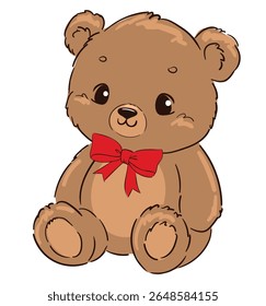 Hand drawn vector illustration of cute teddy bear with red bow