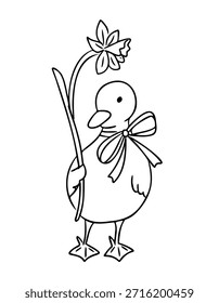 Ilustración vectorial dibujada a mano de un patito lindo que sostiene una flor de primavera y lleva una cinta. La Imagen representa la primavera, la inocencia, el saludo y un alegre concepto de regalo de temporada