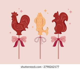 Hand drawn vector illustration with cute animal-shaped lollipops - squirrel, fish and rooster. Sweet treat, lollipop, candy made from sugar.