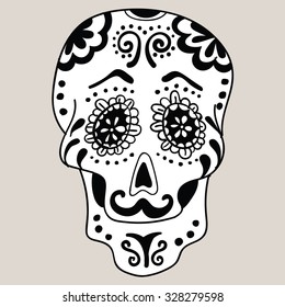 Hand drawn vector illustration of cute mexican sugar skull. White skull with a black flowering ornament, mustache and smile.