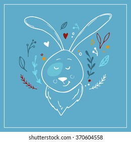 Hand drawn vector illustration - cute hare with floral elements. Sketch