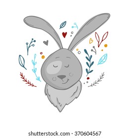 Hand drawn vector illustration - cute hare with floral elements. Sketch