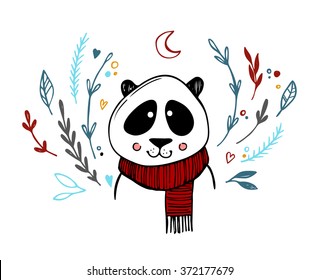 Hand drawn vector illustration - cute panda with floral elements. Sketch