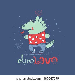 hand drawn vector illustration of a cute boy dinosaur  in dress, with hand drawn lettering "Dino Love"/can be used for kid's or baby's shirt design/fashion print design
