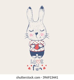 hand drawn vector illustration of cute romantic bunny boywith heart/can be used for kid's or baby's shirt design/fashion print design/fashion graphic