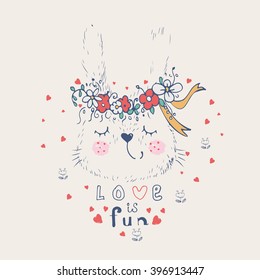 hand drawn vector illustration of cute romantic bunny girl with circlet of flowers/can be used for kid's or baby's shirt design/fashion print design/fashion graphic