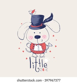 hand drawn vector illustration of cute elegant puppy with bone/can be used for kid's or baby's shirt design/fashion print design/fashion graphic