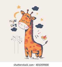 Hand drawn  vector illustration of cute giraffe slipping in the night/can be used for kid's or baby's shirt design/fashion print design/fashion graphic/t-shirt/kids wear