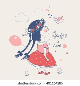 hand drawn vector illustration of cute romantic girl with balloon circlet of flowers and bird/can be used for kid's or baby's shirt design/fashion print design/fashion graphic/kids wear