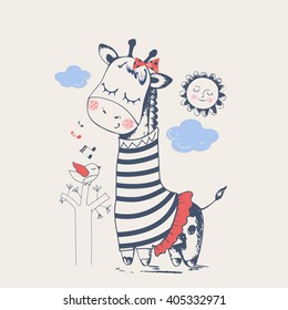 Hand drawn vector illustration of cute giraffe girl with bird/can be used for kid's or baby's shirt design/fashion print design/fashion graphic/t-shirt/kids wear