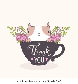 Hand drawn vector illustration of cute cat with flowers sitting in a cup.