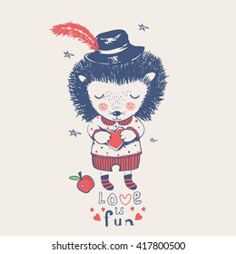 hand drawn vector illustration of cute romantic hedgehog  boy with heart/can be used for kid's or baby's shirt design/fashion print design/fashion graphic
