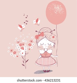 hand drawn vector illustration of cute girl with balloon /can be used for kid's or baby's shirt design/fashion print design/fashion graphic/kids wear/tee