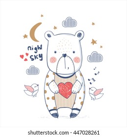 Hand drawn vector illustration of cute  bear in the night/can be used for kid's or baby's shirt design/fashion print design/fashion graphic/t-shirt/kids wear/tee