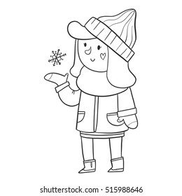 Hand drawn vector illustration of a cute girl in winter clothes looking at a snowflake. Can be used for coloring.
